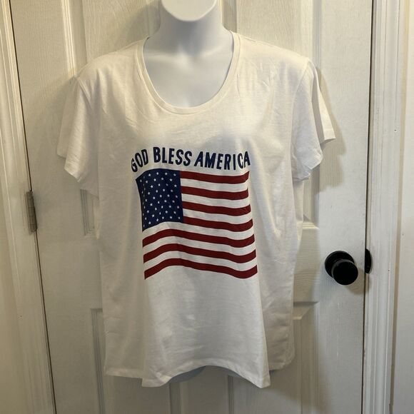 Ladies 2XL God Bless America T-Shirt White USA Flag Graphic Tee 100% Cotton - Picture 1 of 16